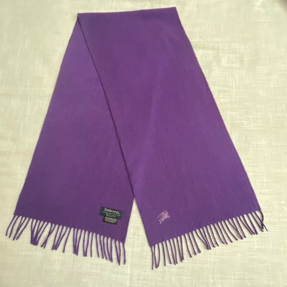 Burberry Cashmere Purple Fringed Logo Scarf Vintage 12”x 60”Made in Scotland - Picture 4 of 12